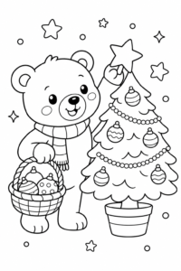 Cute Bear Decorating a Christmas Tree Printable Coloring Sheet coloring page