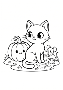Cute Black Cat Sitting Beside a Pumpkin Coloring Card coloring page