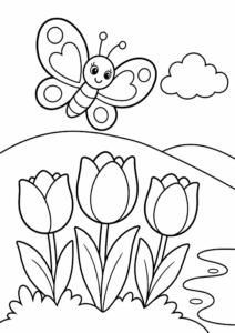 Cute Butterfly Flying Over Tulips Coloring Sheet coloring page