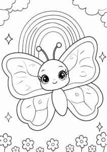 Cute Butterfly Flying Under a Rainbow Printable Coloring Sheet coloring page