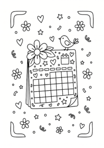 Cute Calendar Page with Confetti Coloring Card coloring page