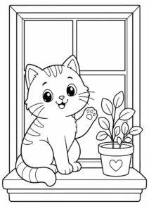 Cute Cat Sitting on a Windowsill Coloring Sheet coloring page