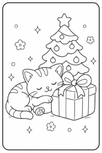 Cute Cat Sleeping Near Christmas Gifts Coloring Sheet coloring page