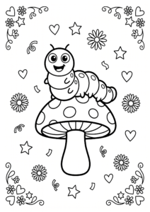 Cute Caterpillar Sitting on a Mushroom Coloring Card coloring page
