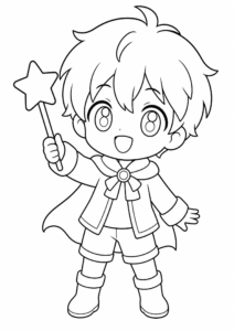 Cute Chibi Anime Boy Holding a Star Wand coloring page
