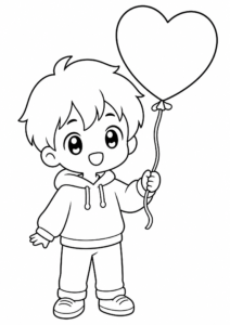 Cute Chibi Boy Holding a Heart Balloon coloring page