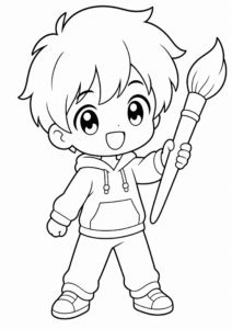 Cute Chibi Boy Holding a Paintbrush coloring page