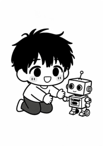 Cute Chibi Boy Playing with a Toy Robot coloring page