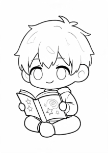 Cute Chibi Boy Reading a Magic Book coloring page