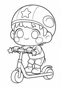 Cute Chibi Boy Riding a Tiny Scooter coloring page