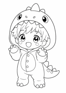 Cute Chibi Boy Wearing a Dinosaur Hoodie coloring page