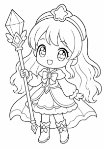 Cute Chibi Girl Holding a Crystal Staff coloring page