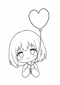Cute Chibi Girl Holding a Heart Balloon coloring page