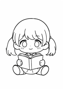 Cute Chibi Girl Reading a Fairy Tale Book coloring page