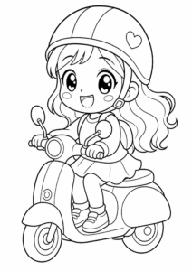 Cute Chibi Girl Riding a Tiny Scooter coloring page