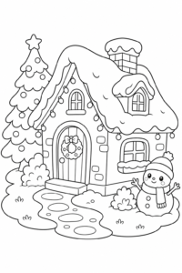 Cute Christmas House Covered in Snow Coloring Sheet coloring page