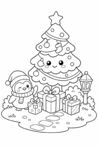 Cute Christmas Tree with Gifts Doodle Card coloring page