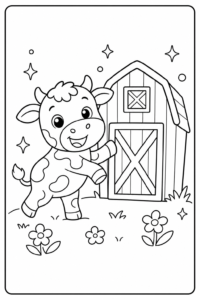 Cute Cow Standing Beside a Barn Doodle Card coloring page