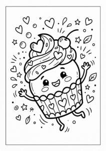 Cute Cupcake with Valentine Hearts Printable Card coloring page