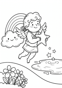 Cute Cupid Holding a Star Coloring Card coloring page