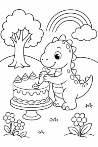 Cute Dinosaur Decorating a Birthday Cake Doodle Card coloring page