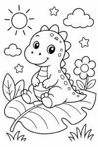 Cute Dinosaur Sitting on a Big Leaf Coloring Page coloring page