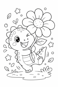 Cute Dinosaur with a Big Flower Coloring Card coloring page