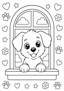 Cute Dog Sitting on a Windowsill Coloring Sheet coloring page