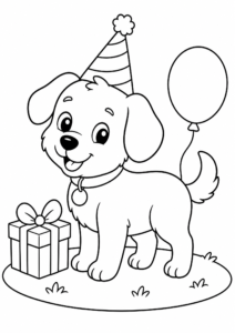 Cute Dog Wearing a Party Hat Coloring Card coloring page