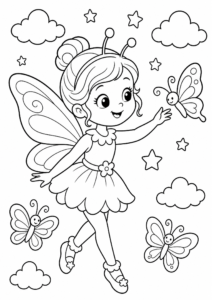 Cute Fairy Flying with Butterflies Coloring Page coloring page