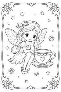 Cute Fairy Sitting Beside a Teacup Doodle Card coloring page