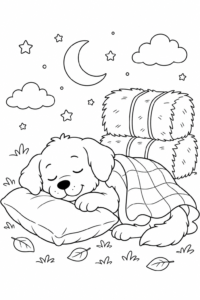 Cute Farm Dog Sitting Near Hay Bales Coloring Sheet coloring page