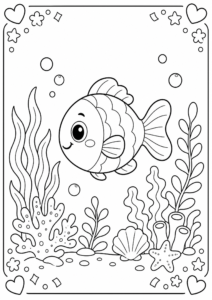 Cute Fish Swimming Through Sea Plants Coloring Card coloring page