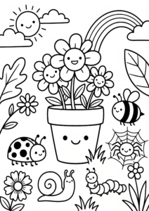 Cute Garden Bugs Around a Flower Pot Printable Coloring Page coloring page