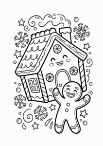 Cute Gingerbread House Under Falling Snow Printable Card coloring page