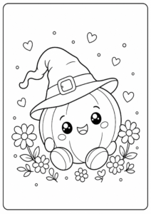 Cute Halloween Pumpkin Wearing a Witch Hat Coloring Page coloring page