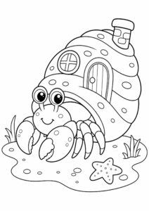 Cute Hermit Crab Wearing a Shell House Printable Coloring Sheet coloring page