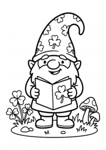 Cute Irish Gnome Holding a Clover Coloring Card coloring page