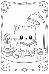 Cute Kawaii Book Reading Under a Lamp Coloring Sheet coloring page