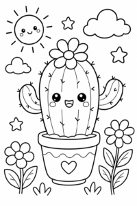 Cute Kawaii Cactus in a Tiny Pot Coloring Page coloring page