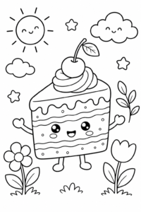 Cute Kawaii Cake Slice with a Cherry Doodle Card coloring page
