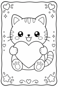 Cute Kawaii Cat Holding a Heart Doodle Card coloring page