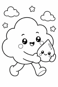 Cute Kawaii Cloud Holding a Raindrop Doodle Card coloring page