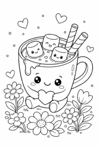 Cute Kawaii Cup of Cocoa with Marshmallows Coloring Sheet coloring page