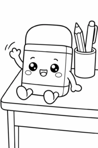 Cute Kawaii Eraser Sitting on a Desk Coloring Page coloring page