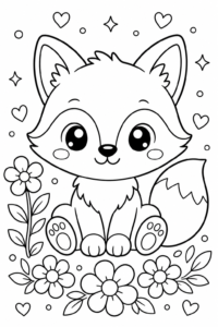 Cute Kawaii Fox Sitting with Flowers Printable Coloring Page coloring page