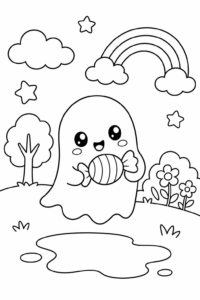 Cute Kawaii Little Ghost Holding a Candy Coloring Sheet coloring page