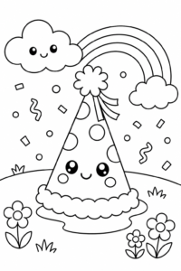Cute Kawaii Party Hat with Confetti Printable Card coloring page