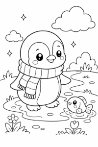 Cute Kawaii Penguin Wearing a Scarf Doodle Card coloring page