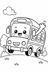 Cute Kawaii School Bus with Happy Windows Doodle Card coloring page